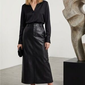 Vintage Black Leather Maxi Skirt Lined Back Slit Size EU 34